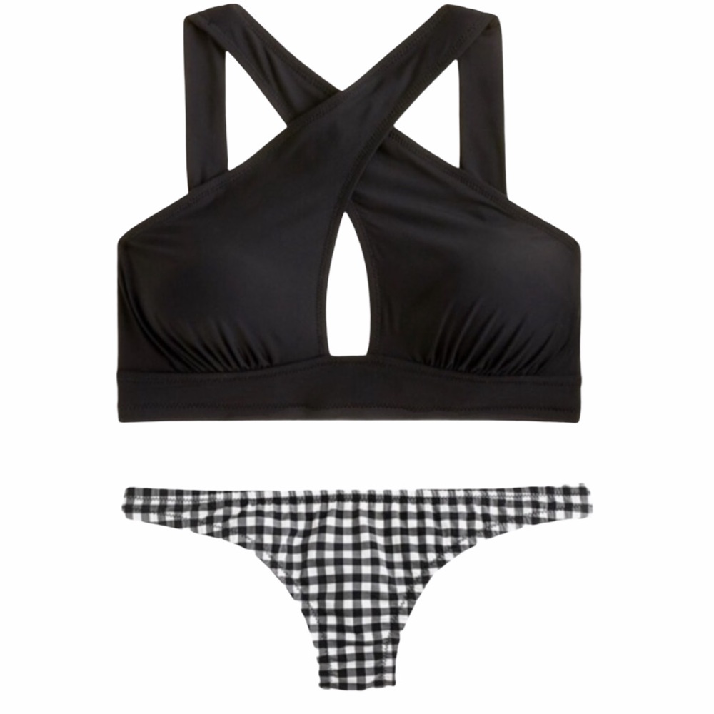 J Crew Crossed Halter Lowrider Bikini in Black Gingham Size S and L NWT